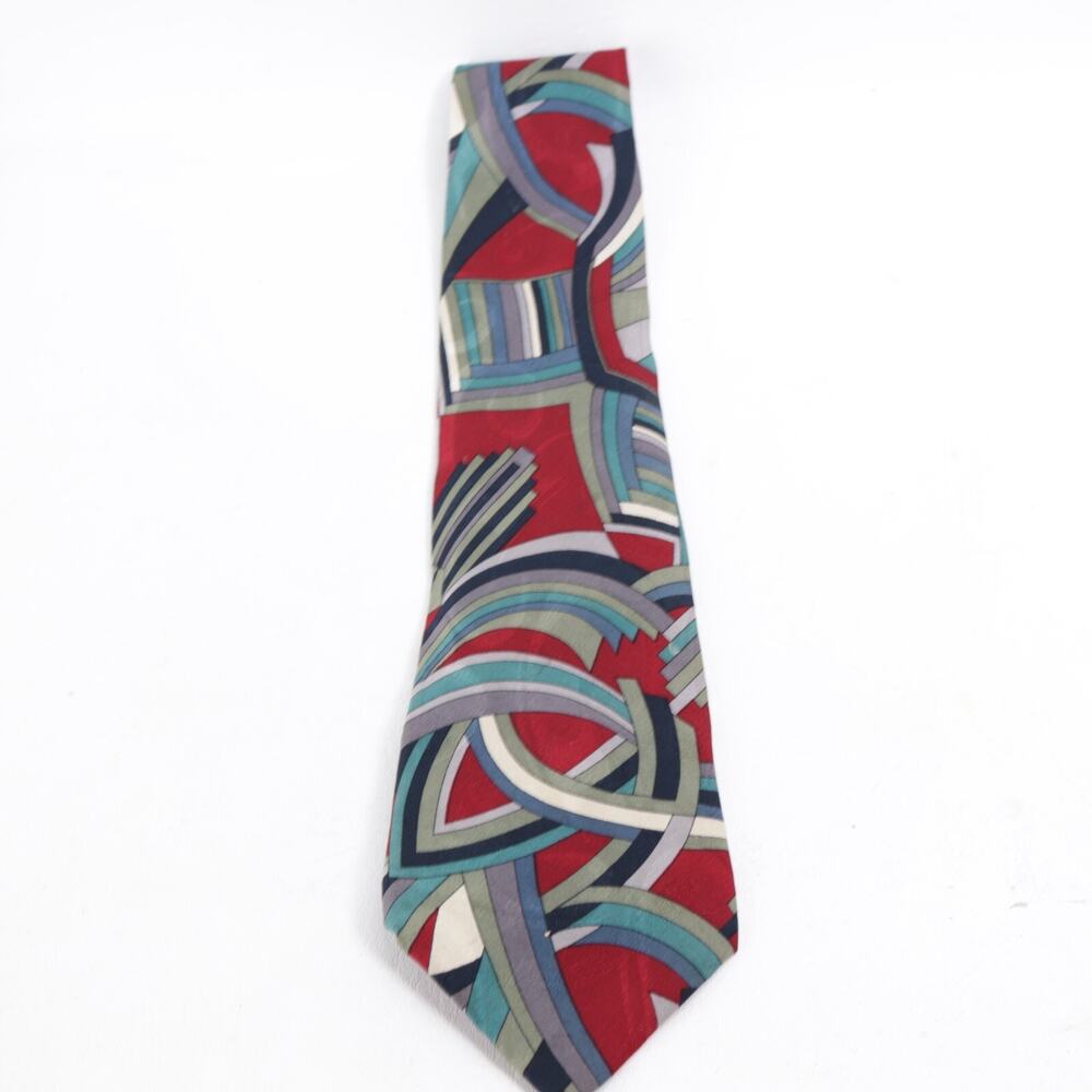 Vtg Pierre Cardn Tie Mens 60 in Silk Wide Geometric Swirl Red Gray Black Modern